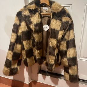 Women's Checkered Faux Fur Jacket - Brown and Black